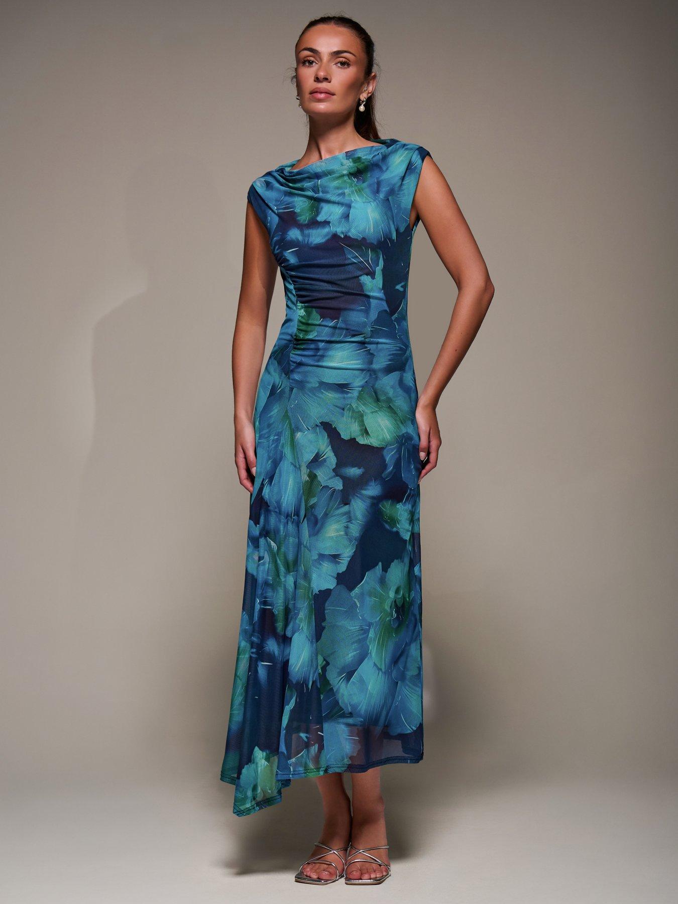 Image 5 of 7 of Jolie Moi Slash Neck Ruched Mesh Maxi Dress - Blue