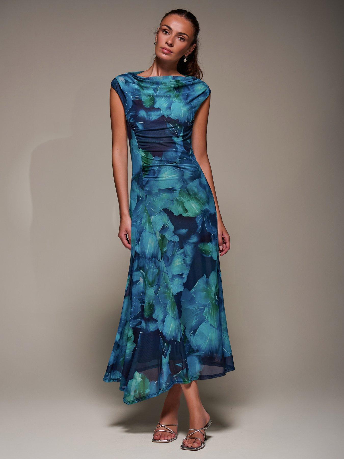 Image 6 of 7 of Jolie Moi Slash Neck Ruched Mesh Maxi Dress - Blue