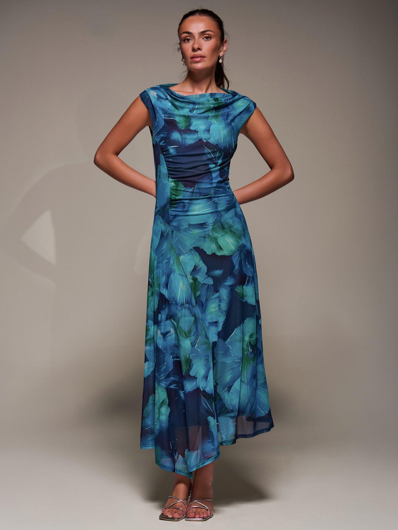 Image 7 of 7 of Jolie Moi Slash Neck Ruched Mesh Maxi Dress - Blue