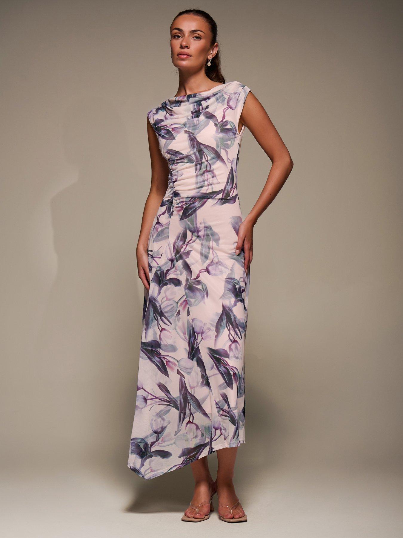 Image 1 of 7 of Jolie Moi Slash Neck Ruched Mesh Maxi Dress - Beige