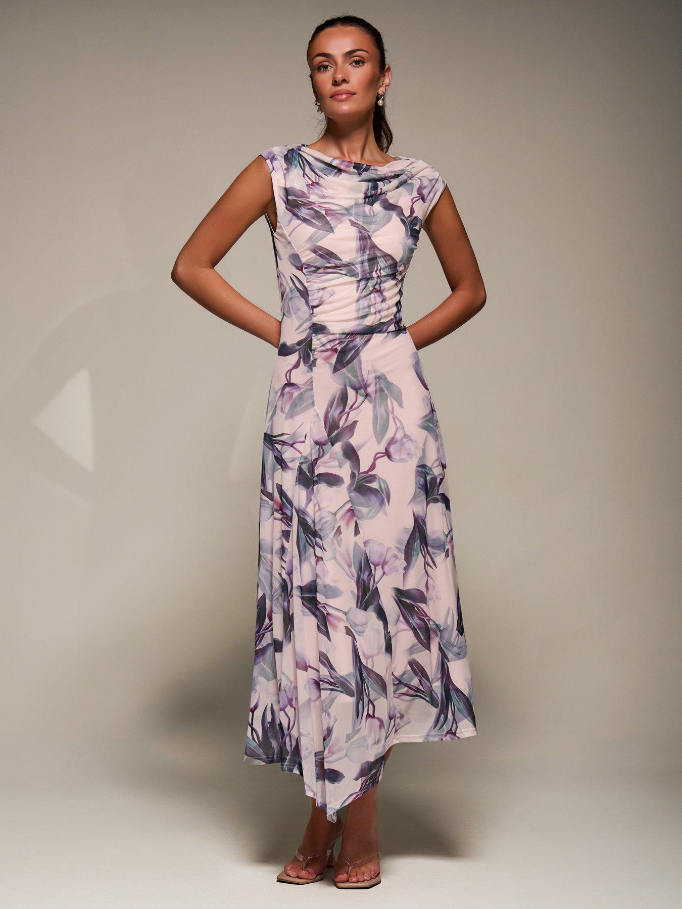 Image 3 of 7 of Jolie Moi Slash Neck Ruched Mesh Maxi Dress - Beige