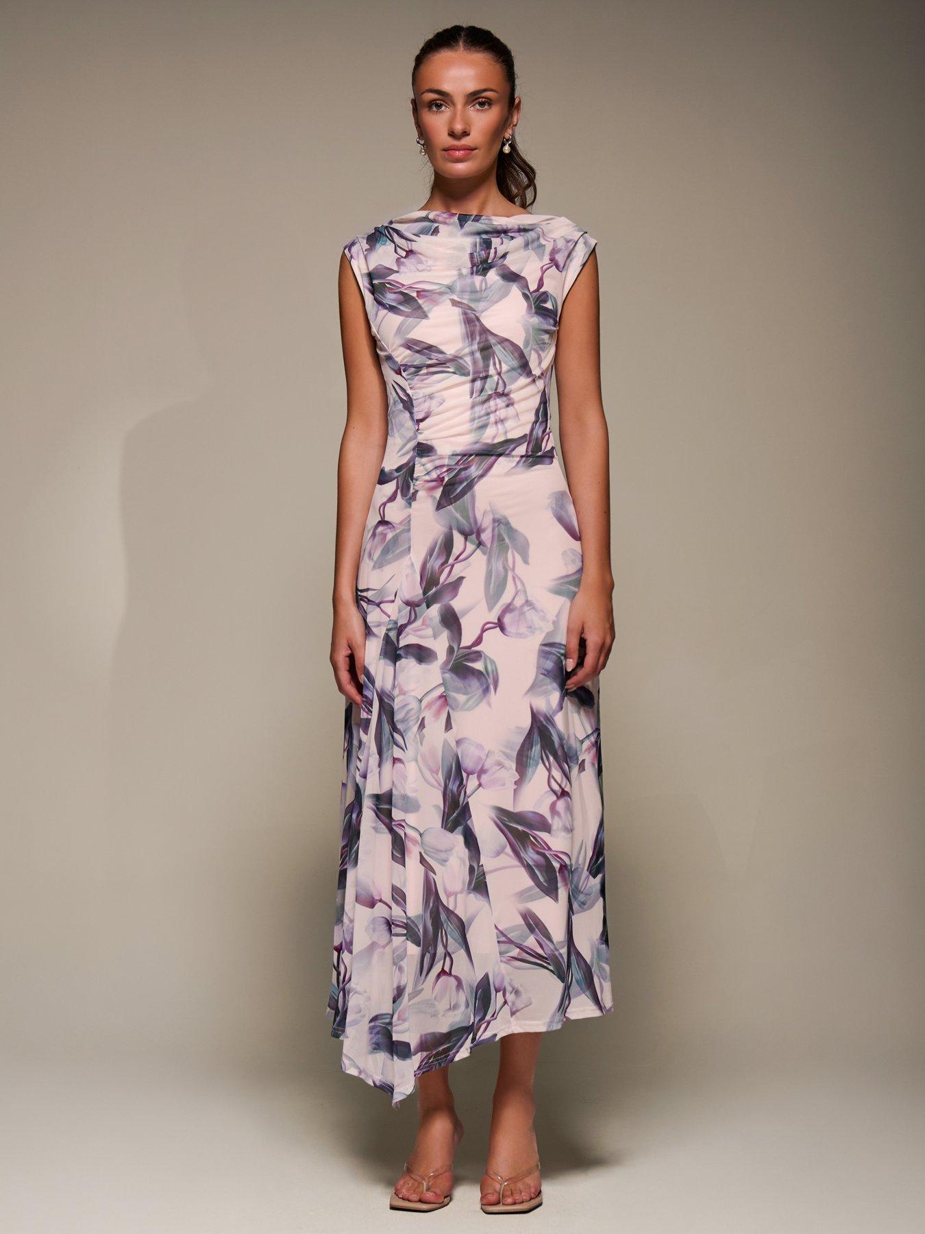 Image 5 of 7 of Jolie Moi Slash Neck Ruched Mesh Maxi Dress - Beige