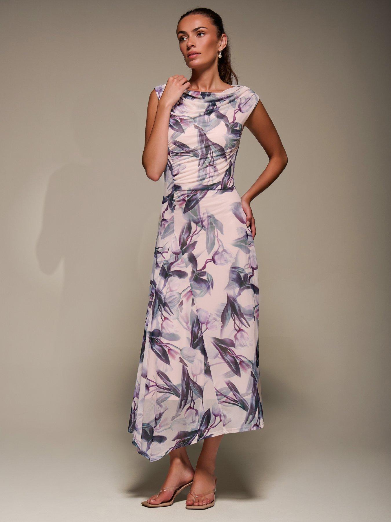 Image 6 of 7 of Jolie Moi Slash Neck Ruched Mesh Maxi Dress - Beige