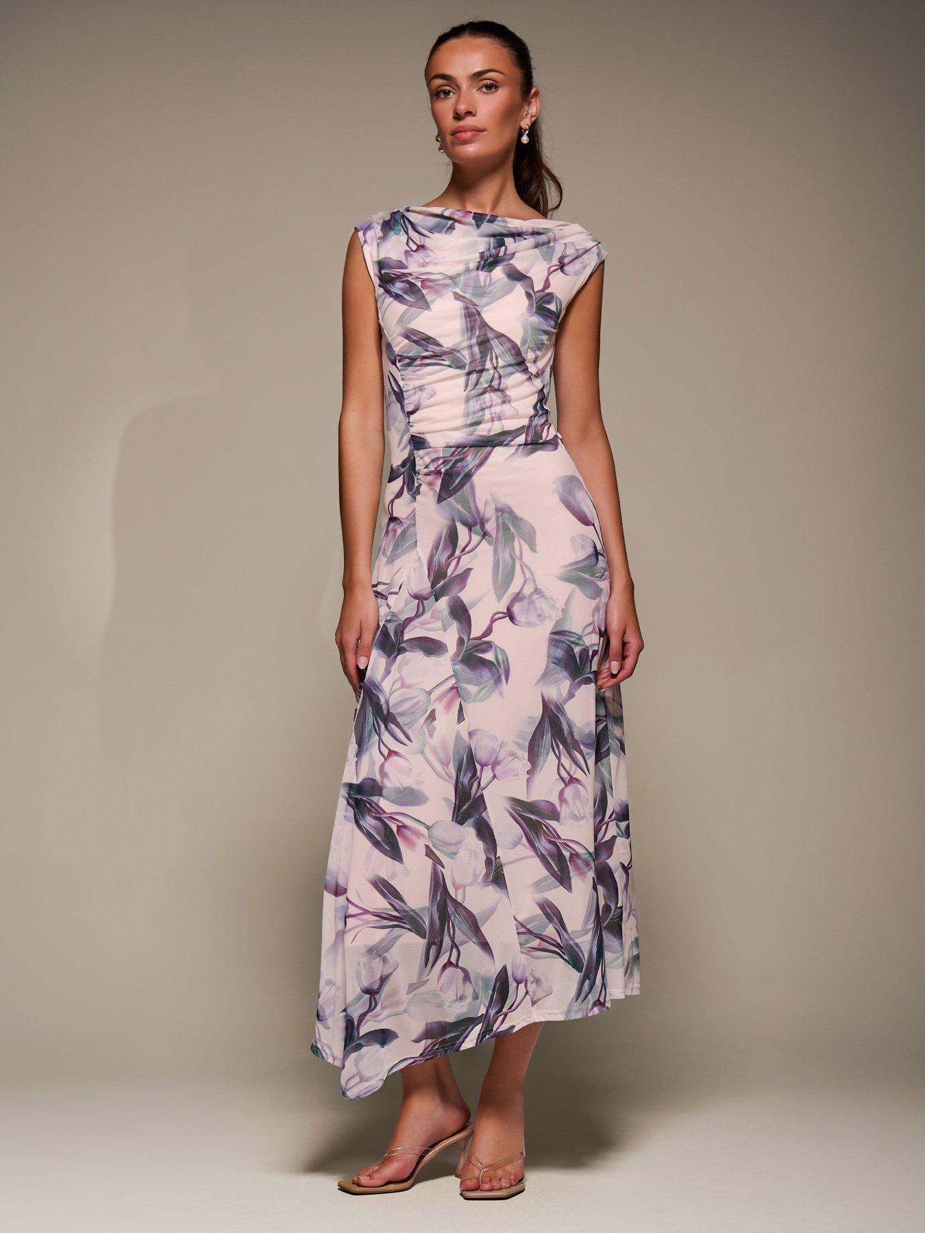 Image 7 of 7 of Jolie Moi Slash Neck Ruched Mesh Maxi Dress - Beige