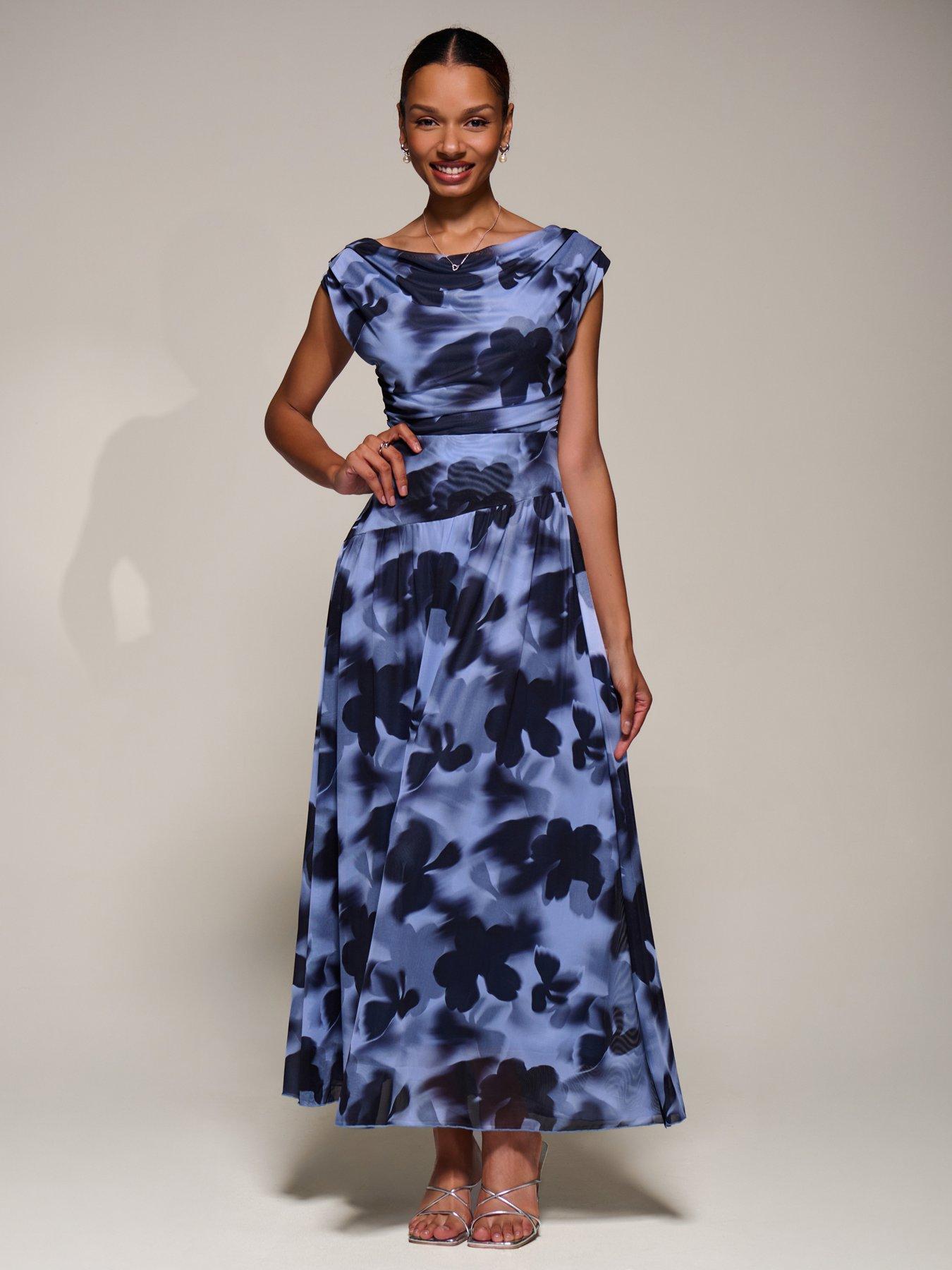 Jolie Moi Asymmetric Draped Mesh Maxi Dress - Blue