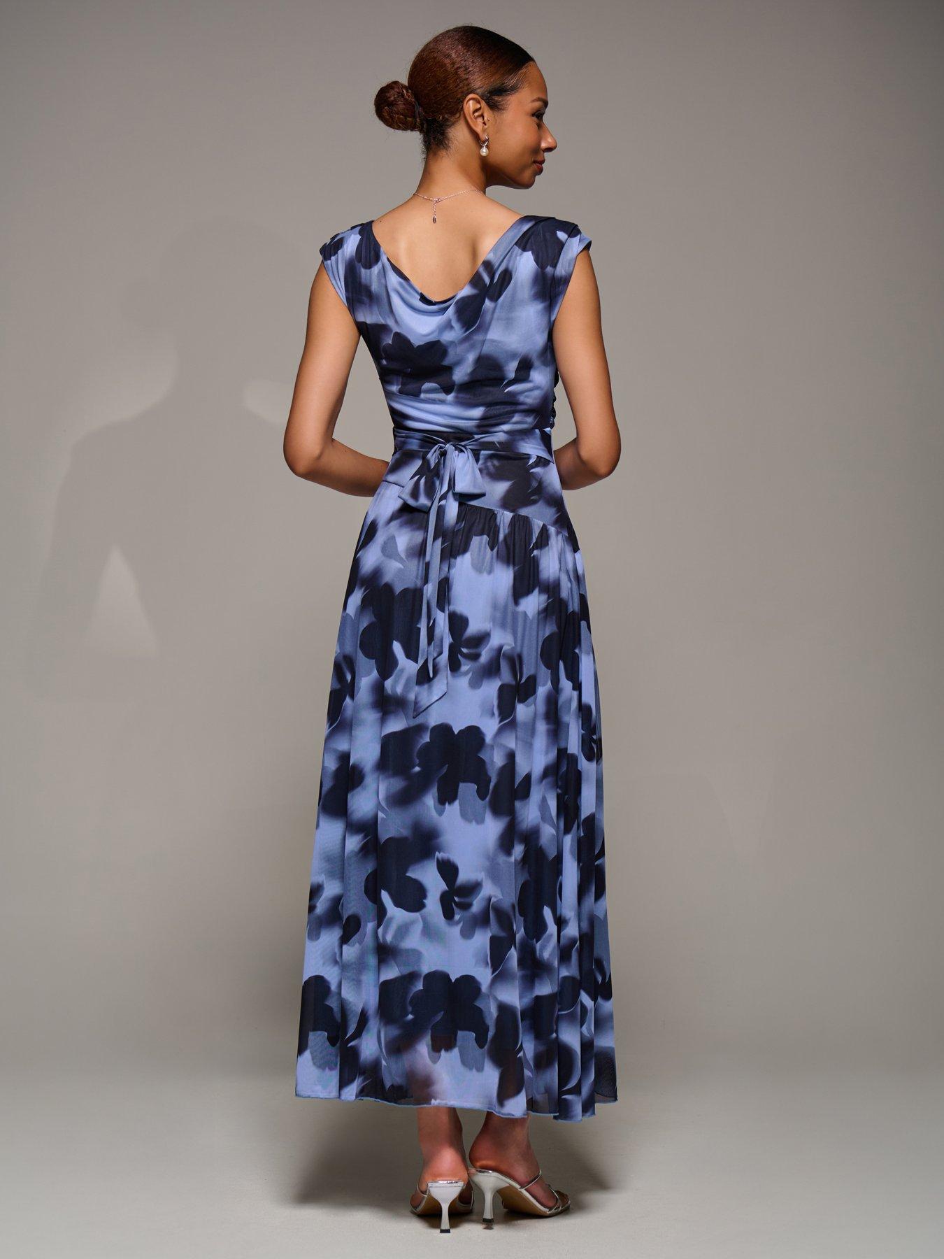 Image 2 of 7 of Jolie Moi Asymmetric Draped Mesh Maxi Dress - Blue