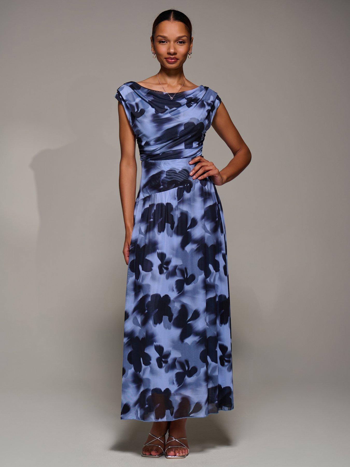 Image 3 of 7 of Jolie Moi Asymmetric Draped Mesh Maxi Dress - Blue