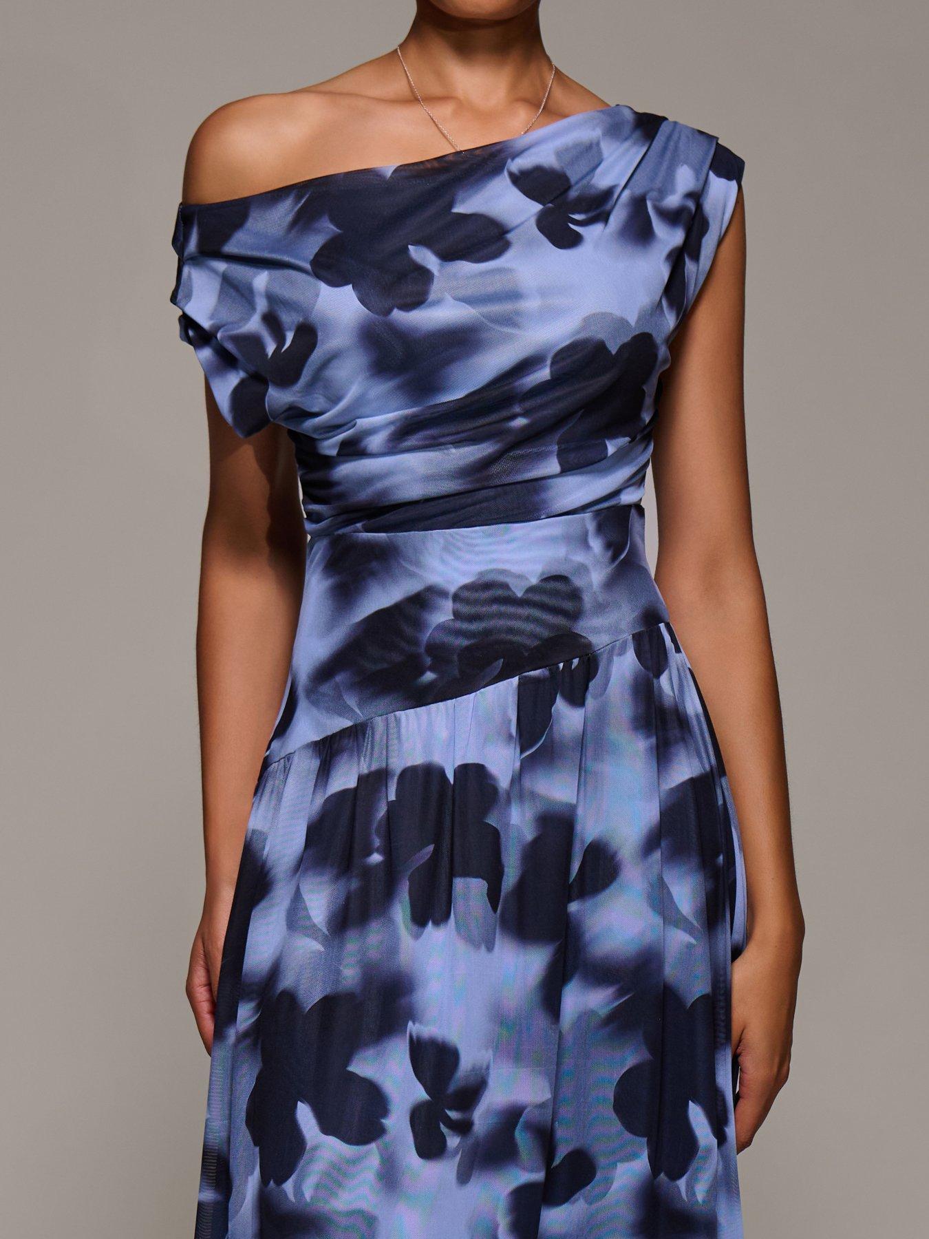 Image 4 of 7 of Jolie Moi Asymmetric Draped Mesh Maxi Dress - Blue