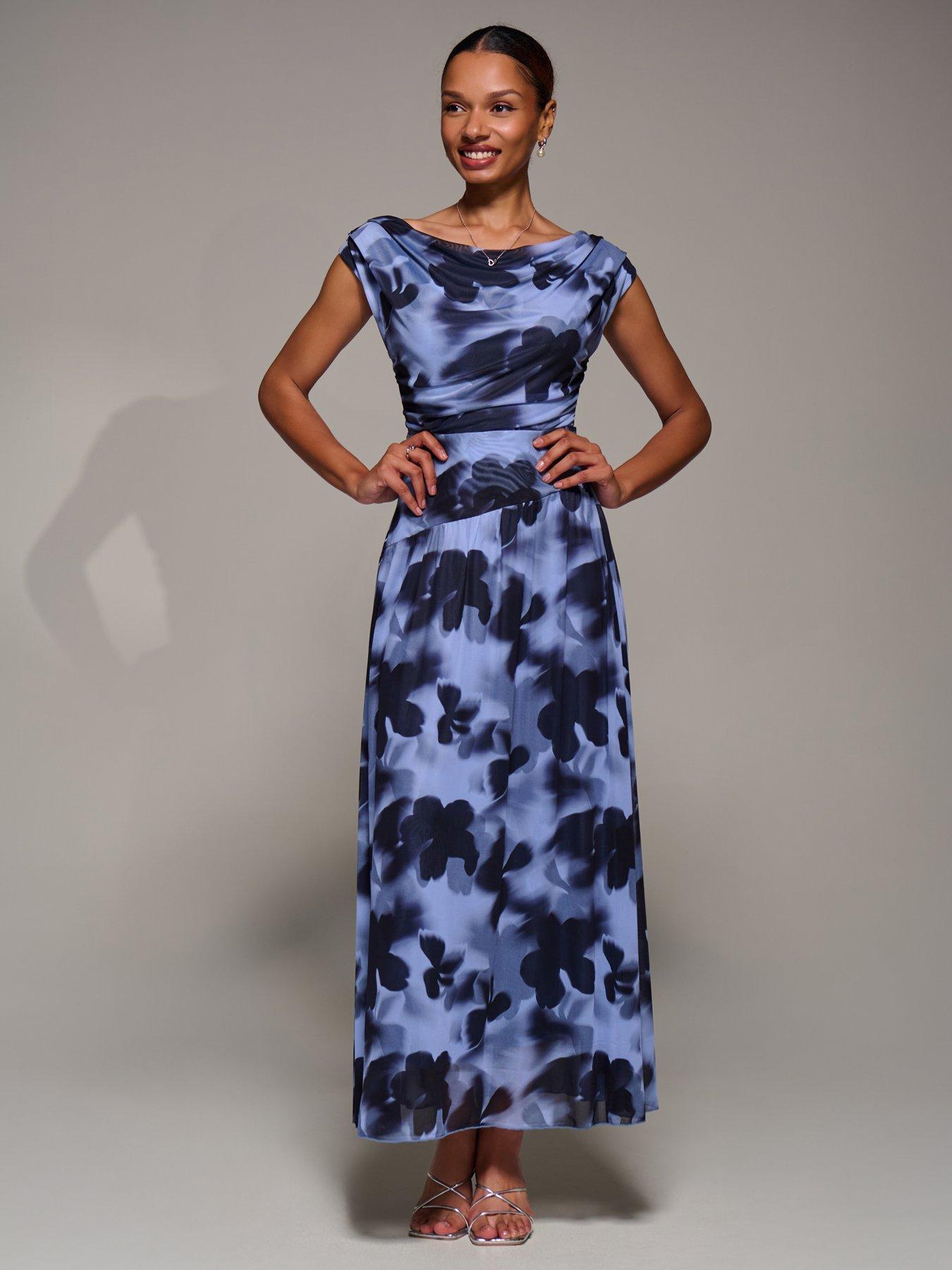 Image 5 of 7 of Jolie Moi Asymmetric Draped Mesh Maxi Dress - Blue