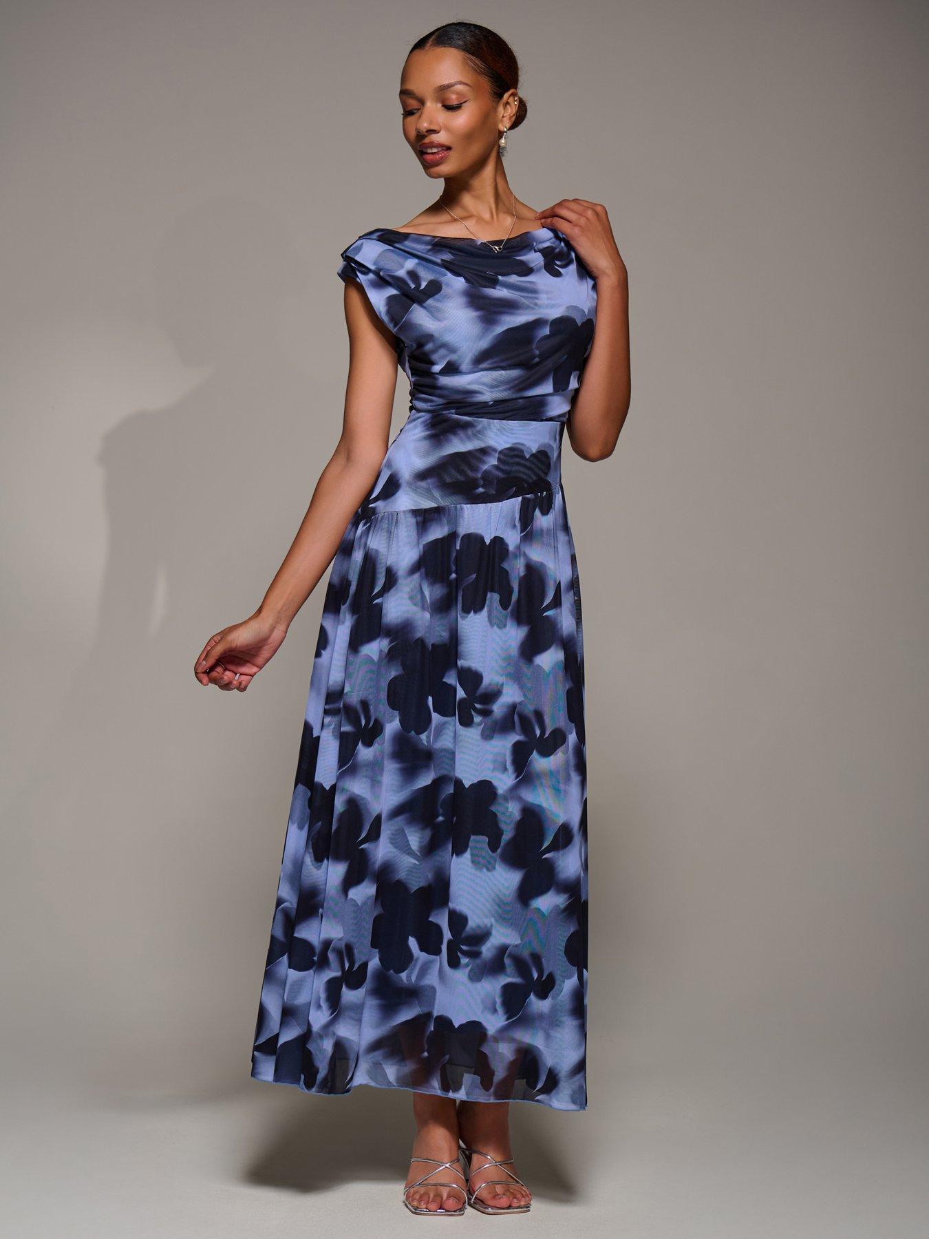 Image 6 of 7 of Jolie Moi Asymmetric Draped Mesh Maxi Dress - Blue