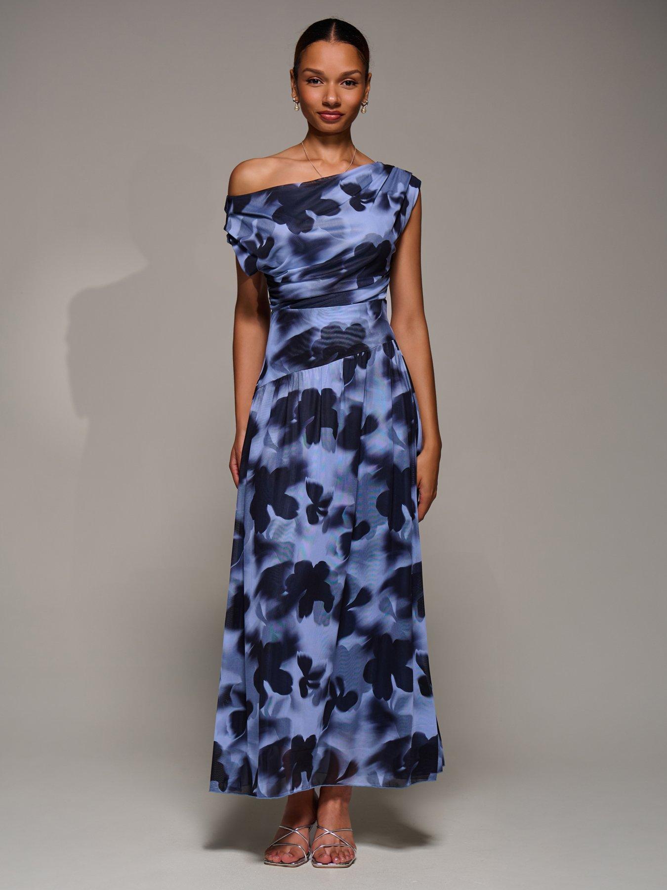Image 7 of 7 of Jolie Moi Asymmetric Draped Mesh Maxi Dress - Blue