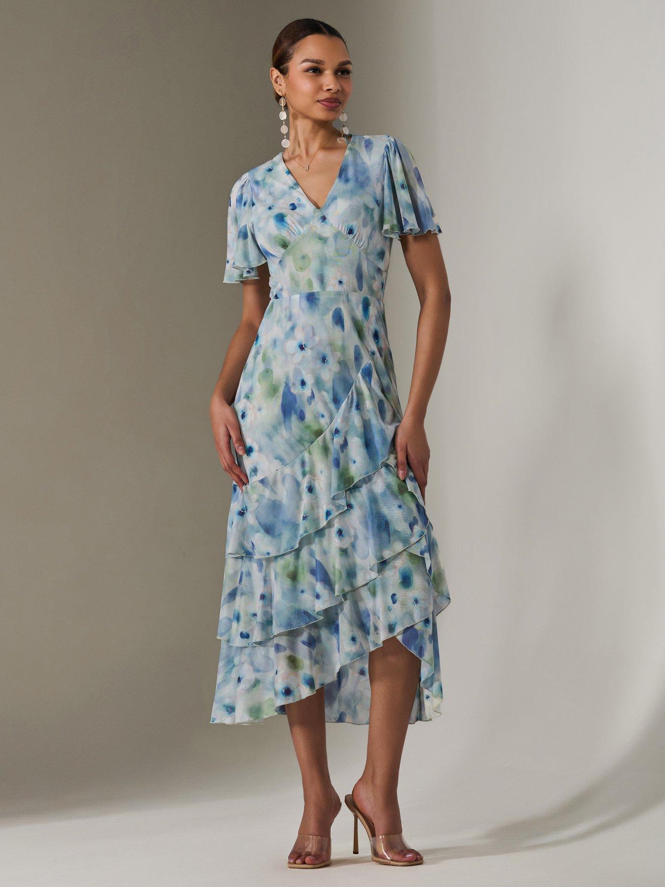 Jolie Moi Mesh Print Frill Hem Midaxi Dress
