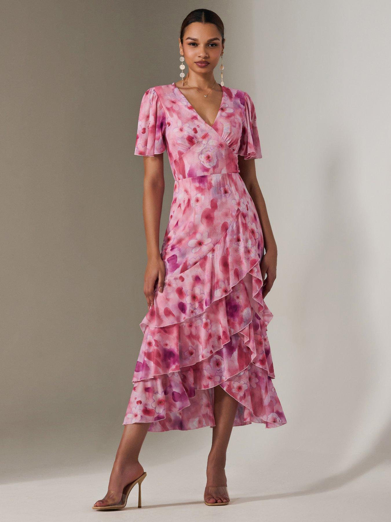 Jolie Moi Mesh Print Frill Hem Midaxi Dress - Pink