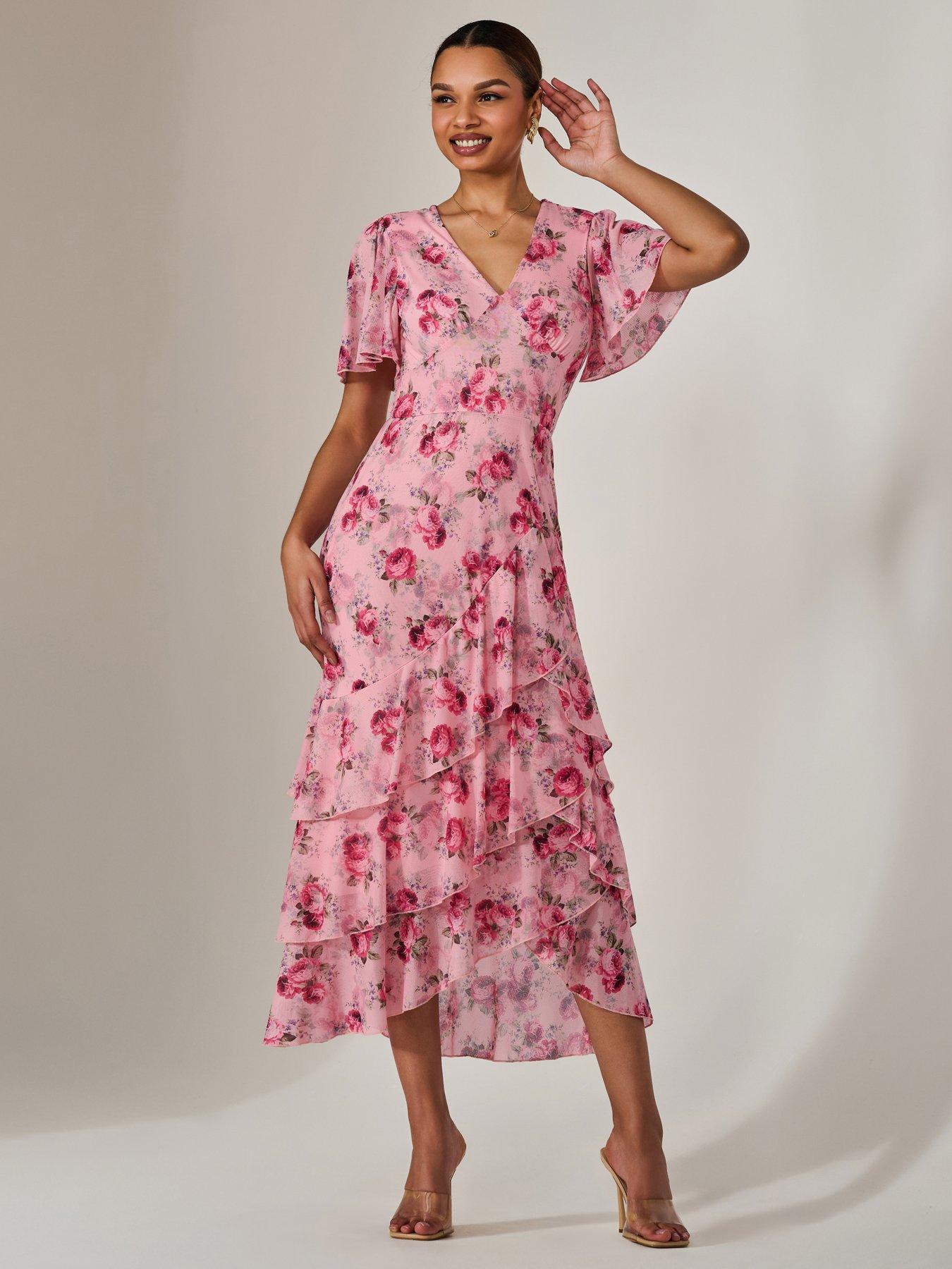 Jolie Moi Mesh Print Frill Hem Midaxi Dress - Pink