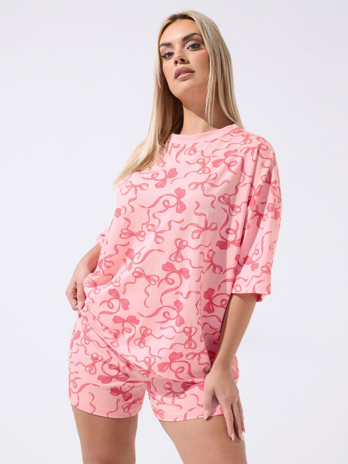 Yours Curve Bow Print Pyjama Set - Pink