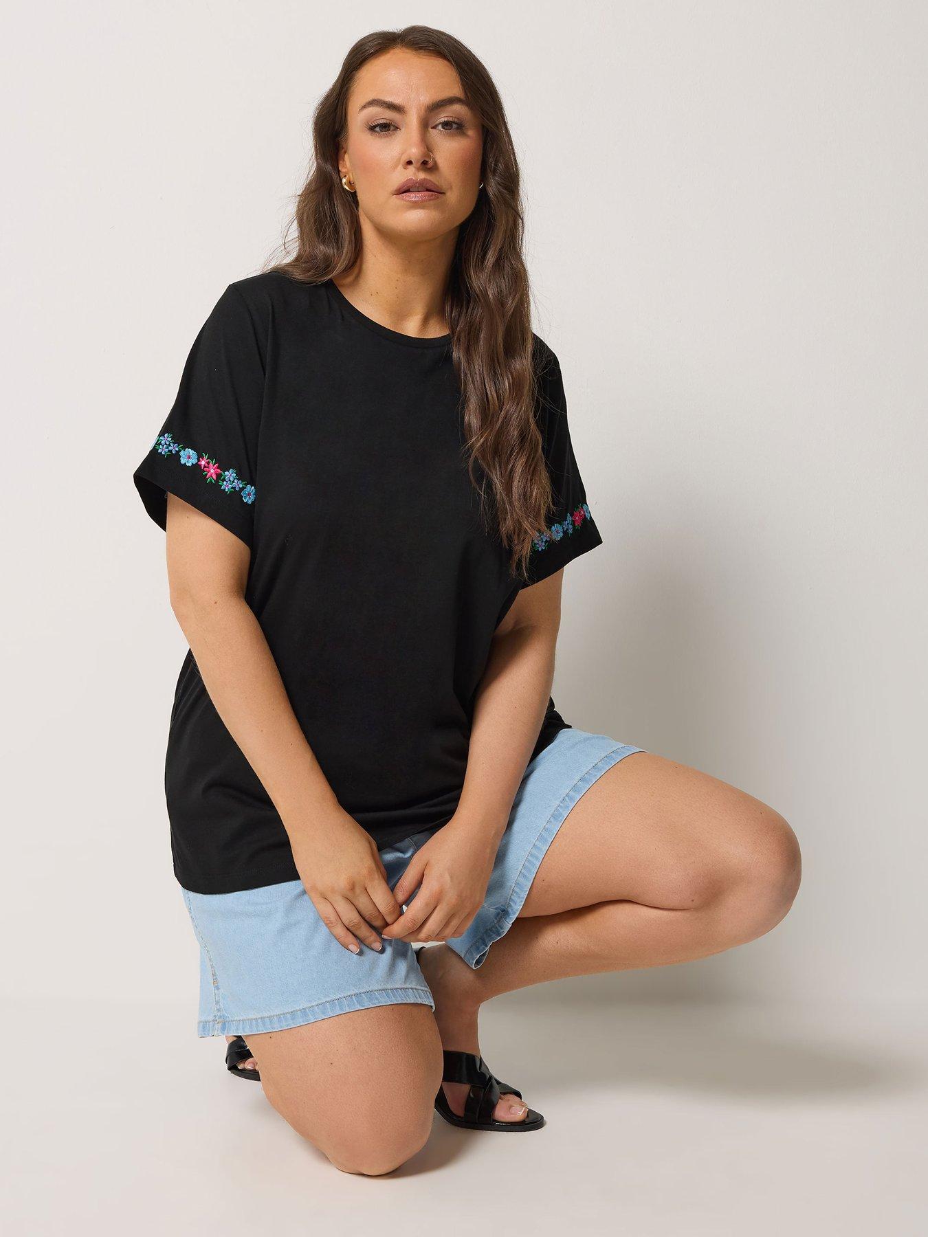 Yours Curve Floral Embroidery T-Shirt - Black