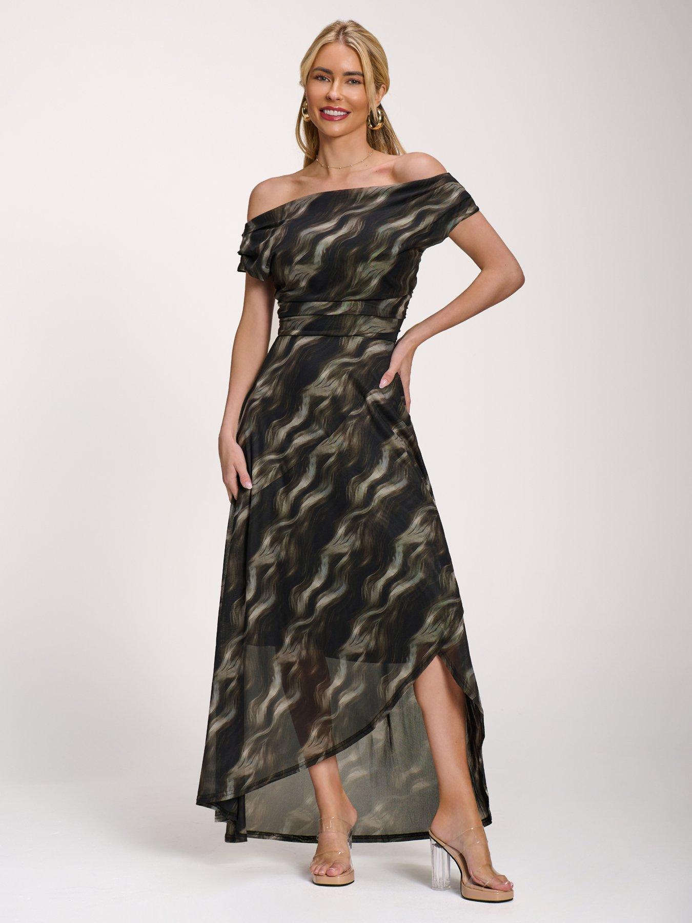 Image 1 of 7 of Jolie Moi Asymmetric Draped Mesh Maxi Dress