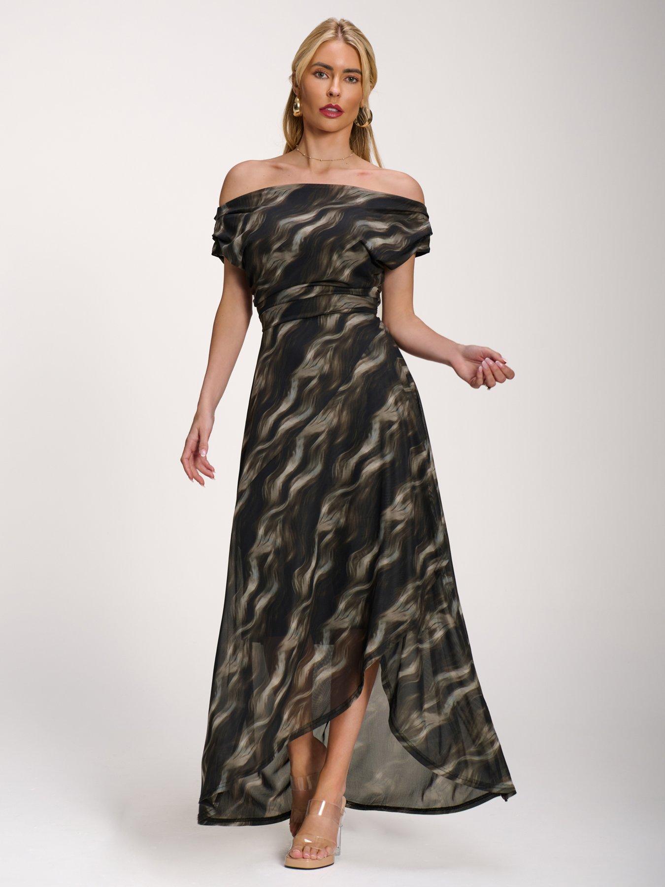 Image 3 of 7 of Jolie Moi Asymmetric Draped Mesh Maxi Dress
