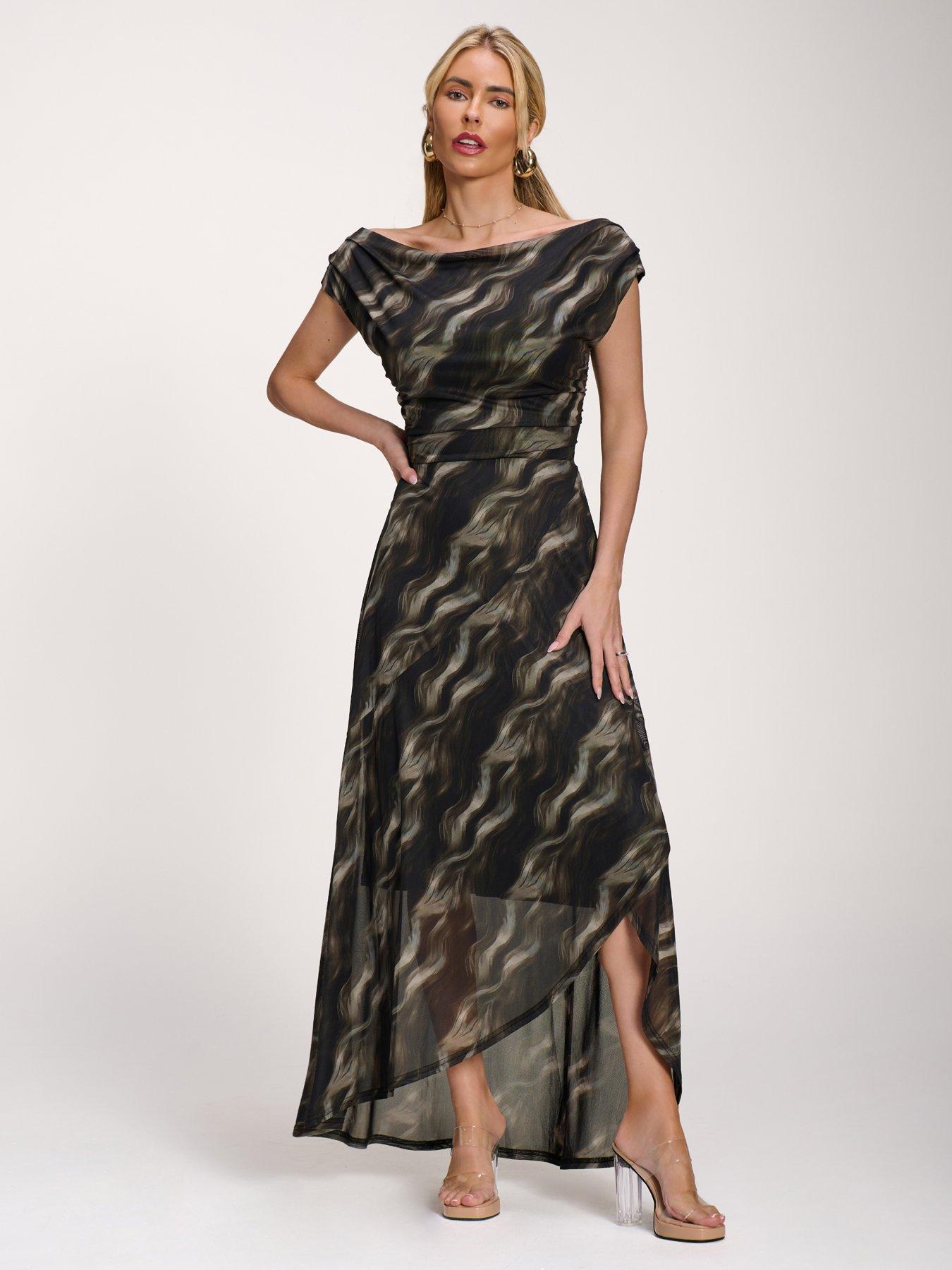 Image 5 of 7 of Jolie Moi Asymmetric Draped Mesh Maxi Dress