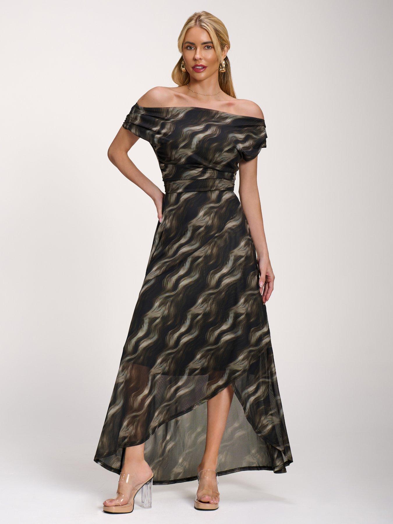 Image 6 of 7 of Jolie Moi Asymmetric Draped Mesh Maxi Dress
