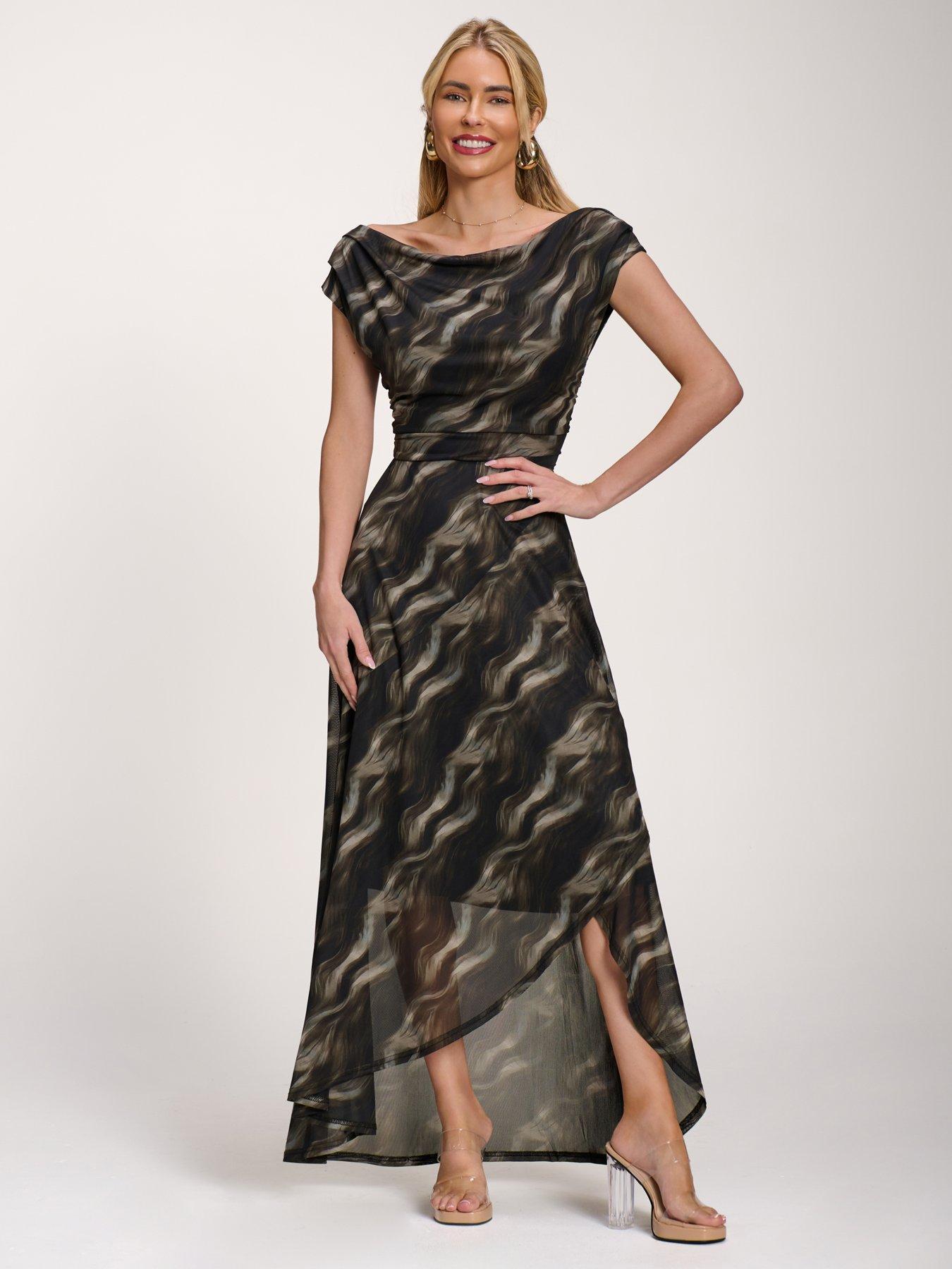 Image 7 of 7 of Jolie Moi Asymmetric Draped Mesh Maxi Dress