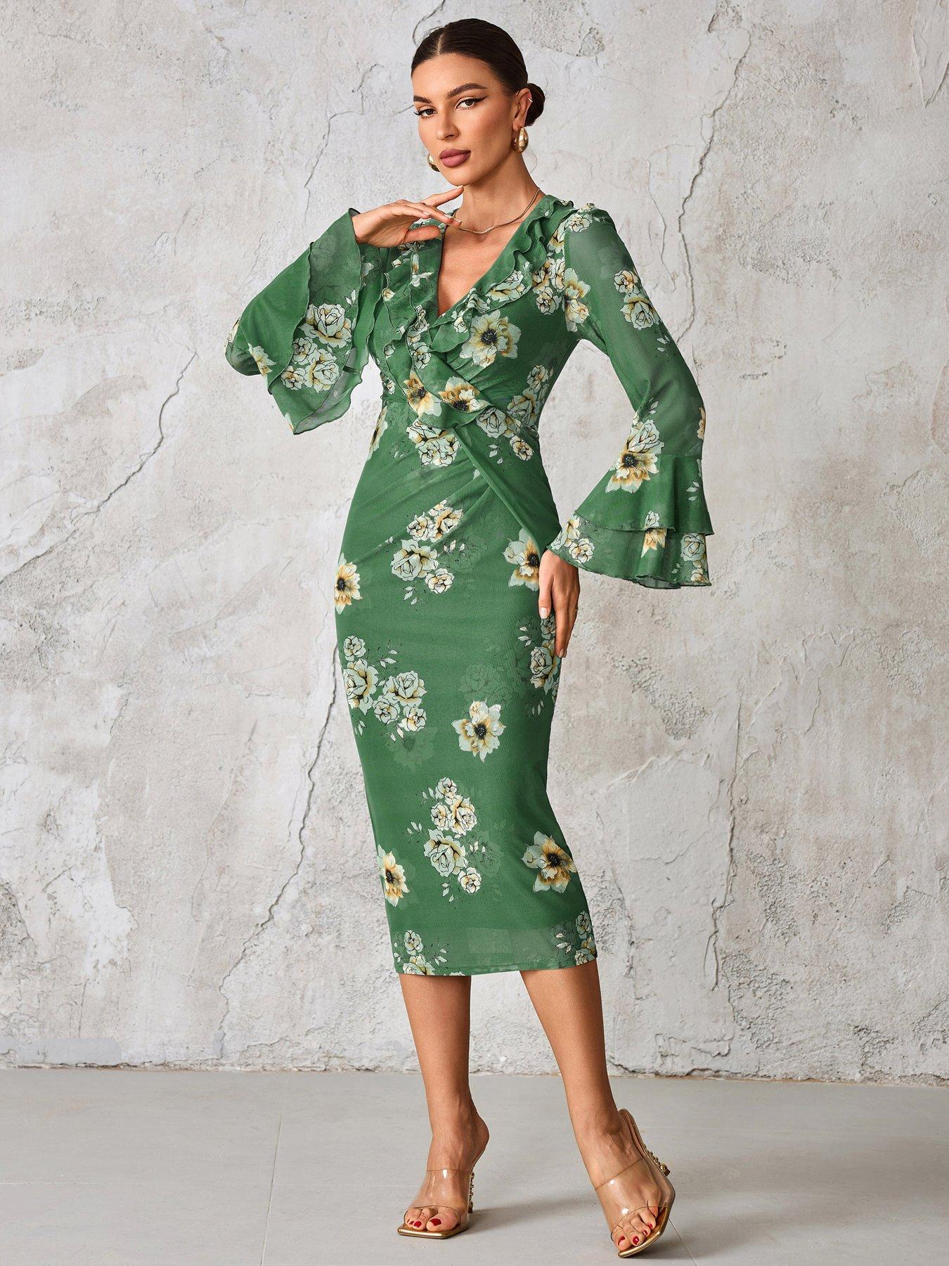 Jolie Moi Frill Sleeve Pleated Wrap Midi Dress