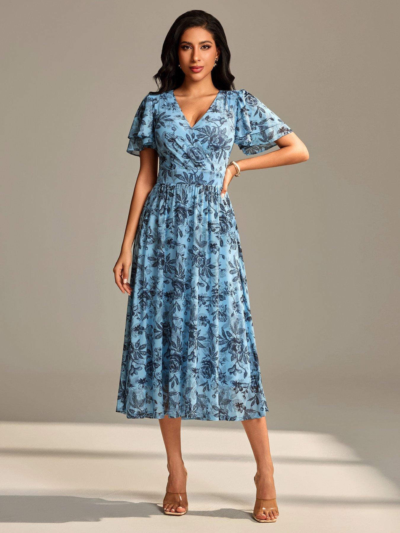 Image 6 of 7 of Jolie Moi Flutter Sleeve Mesh Maxi Dress