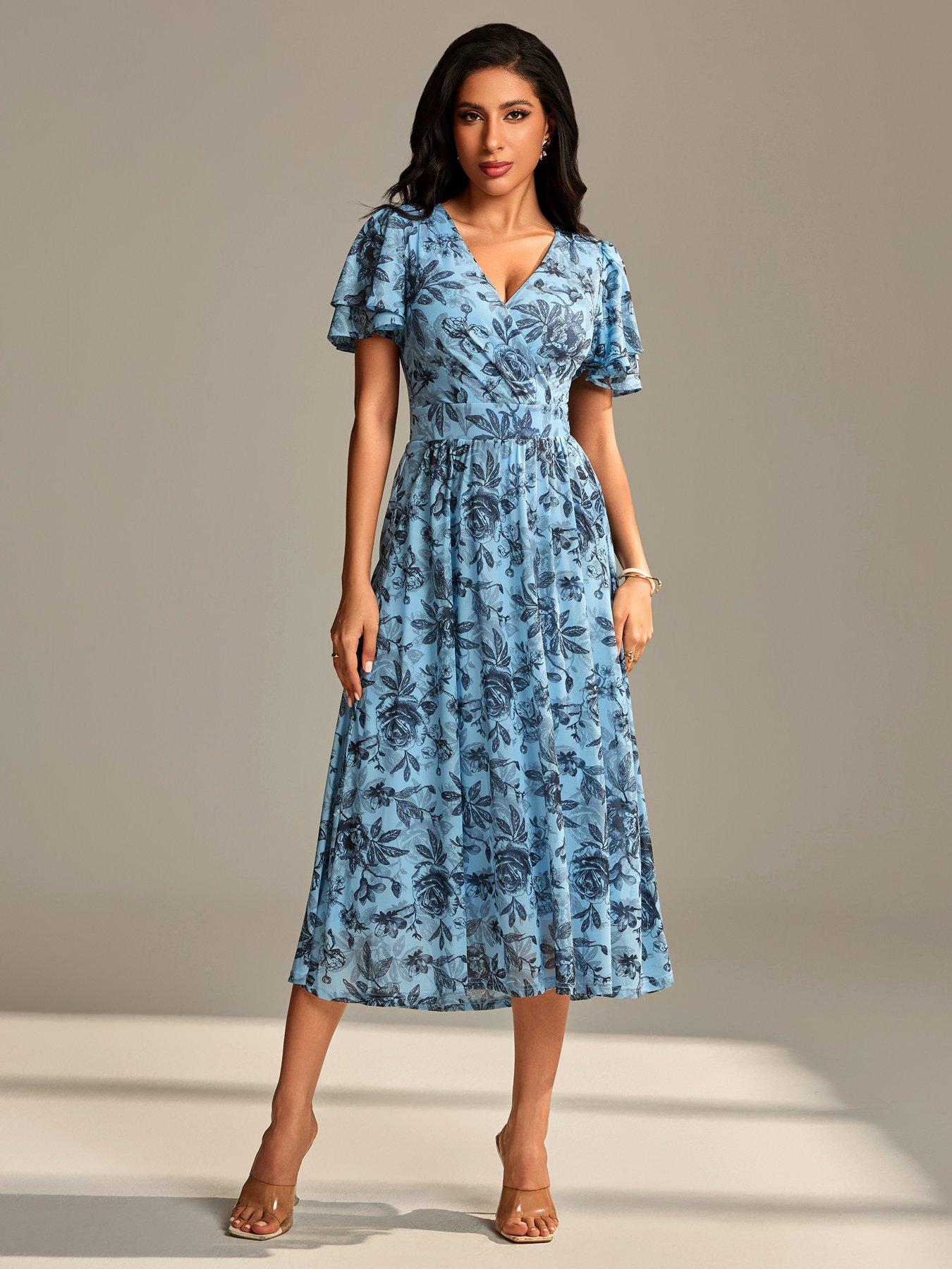 Image 7 of 7 of Jolie Moi Flutter Sleeve Mesh Maxi Dress
