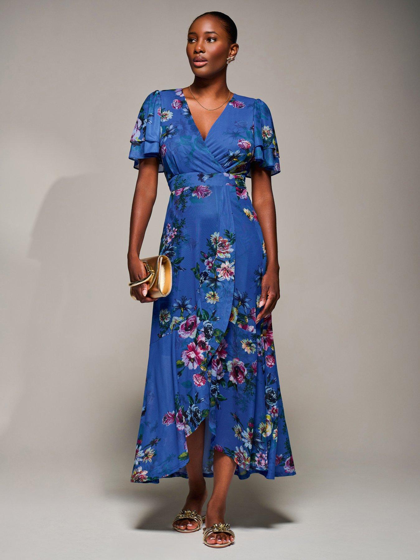 Jolie Moi Angel Sleeve Mesh Frill Wrap Maxi Dress