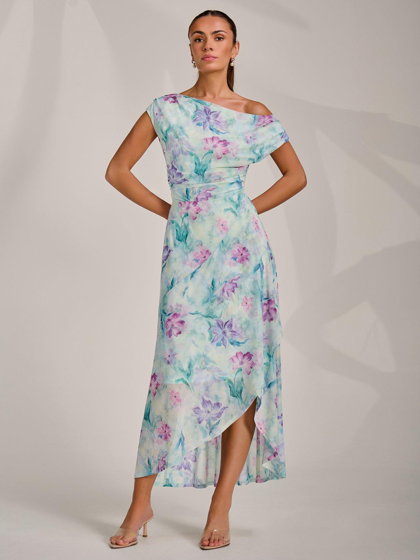 Image 1 of 7 of Jolie Moi Asymmetric Draped Mesh Maxi Dress