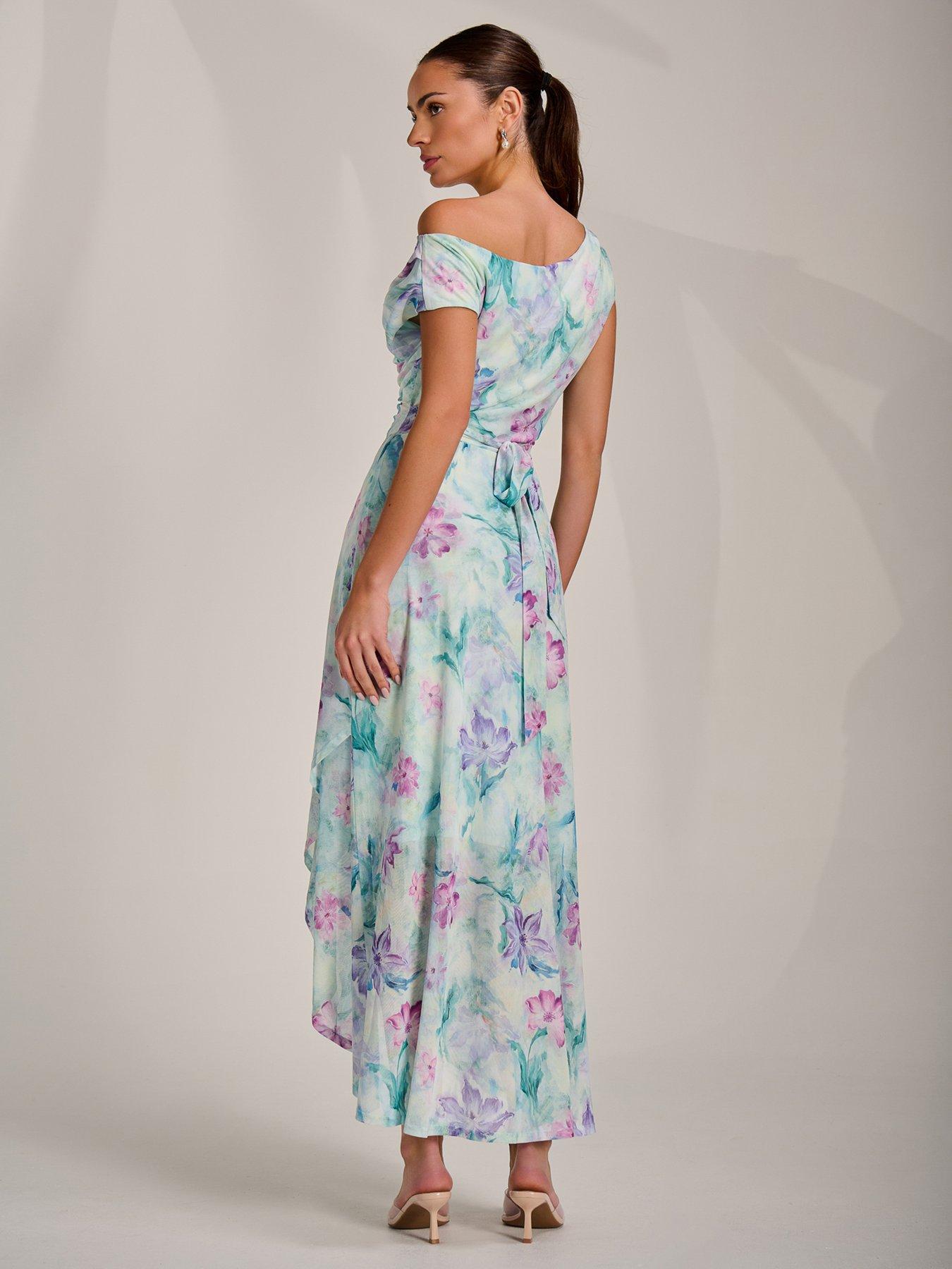 Image 2 of 7 of Jolie Moi Asymmetric Draped Mesh Maxi Dress