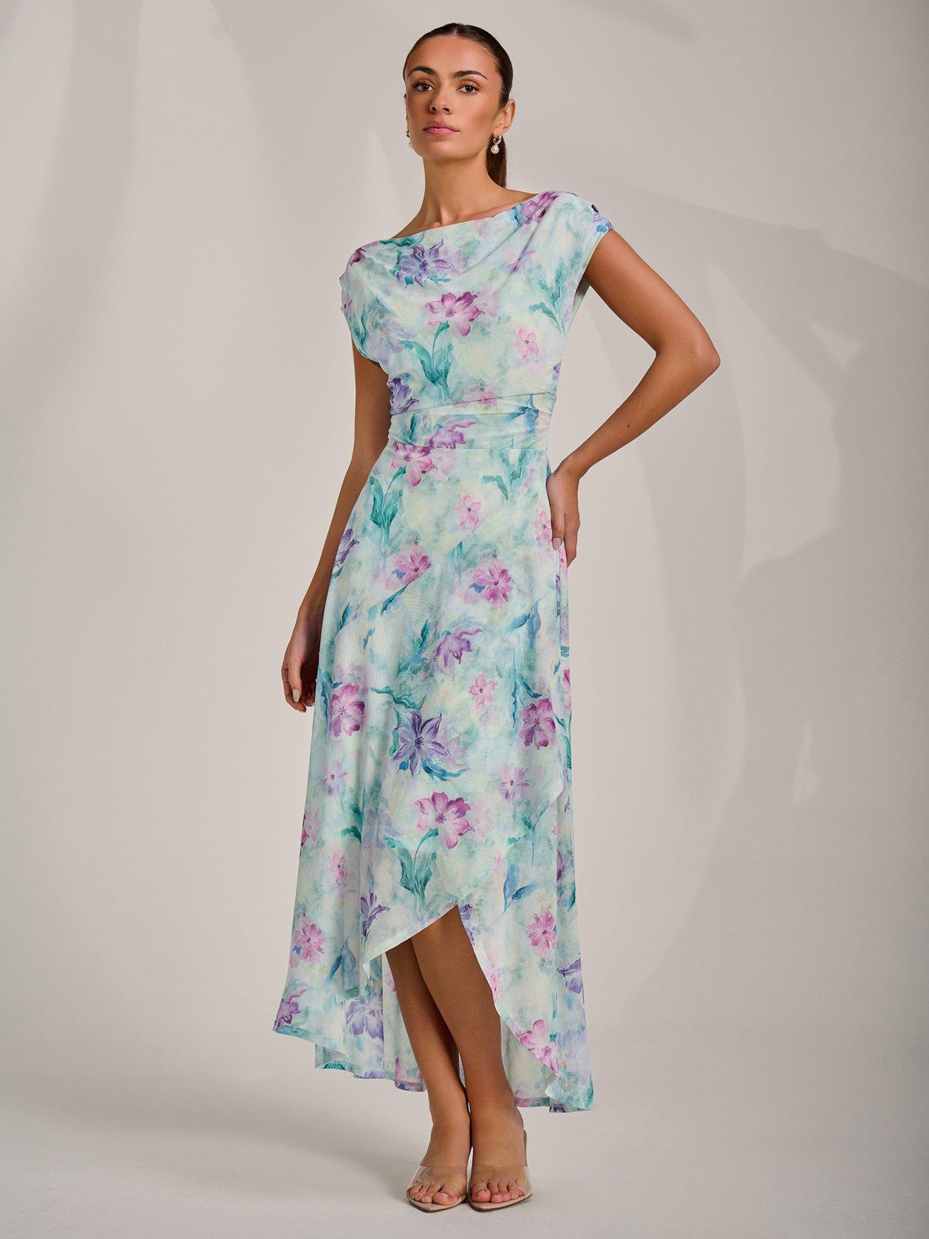 Image 3 of 7 of Jolie Moi Asymmetric Draped Mesh Maxi Dress