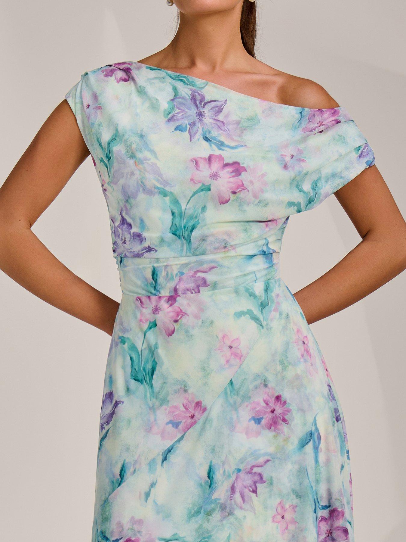 Image 4 of 7 of Jolie Moi Asymmetric Draped Mesh Maxi Dress
