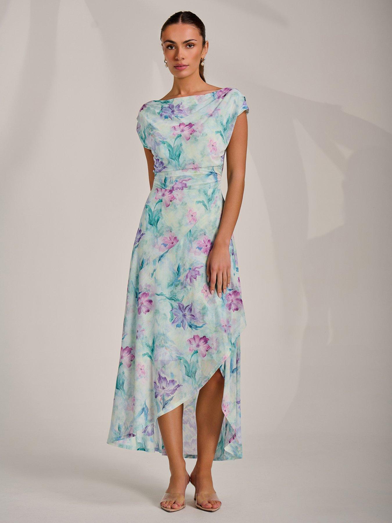 Image 5 of 7 of Jolie Moi Asymmetric Draped Mesh Maxi Dress