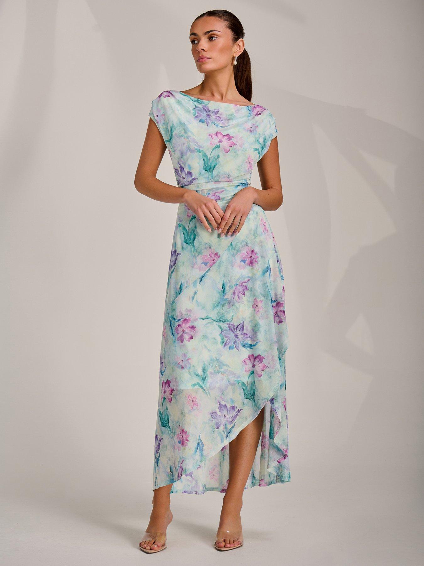 Image 6 of 7 of Jolie Moi Asymmetric Draped Mesh Maxi Dress