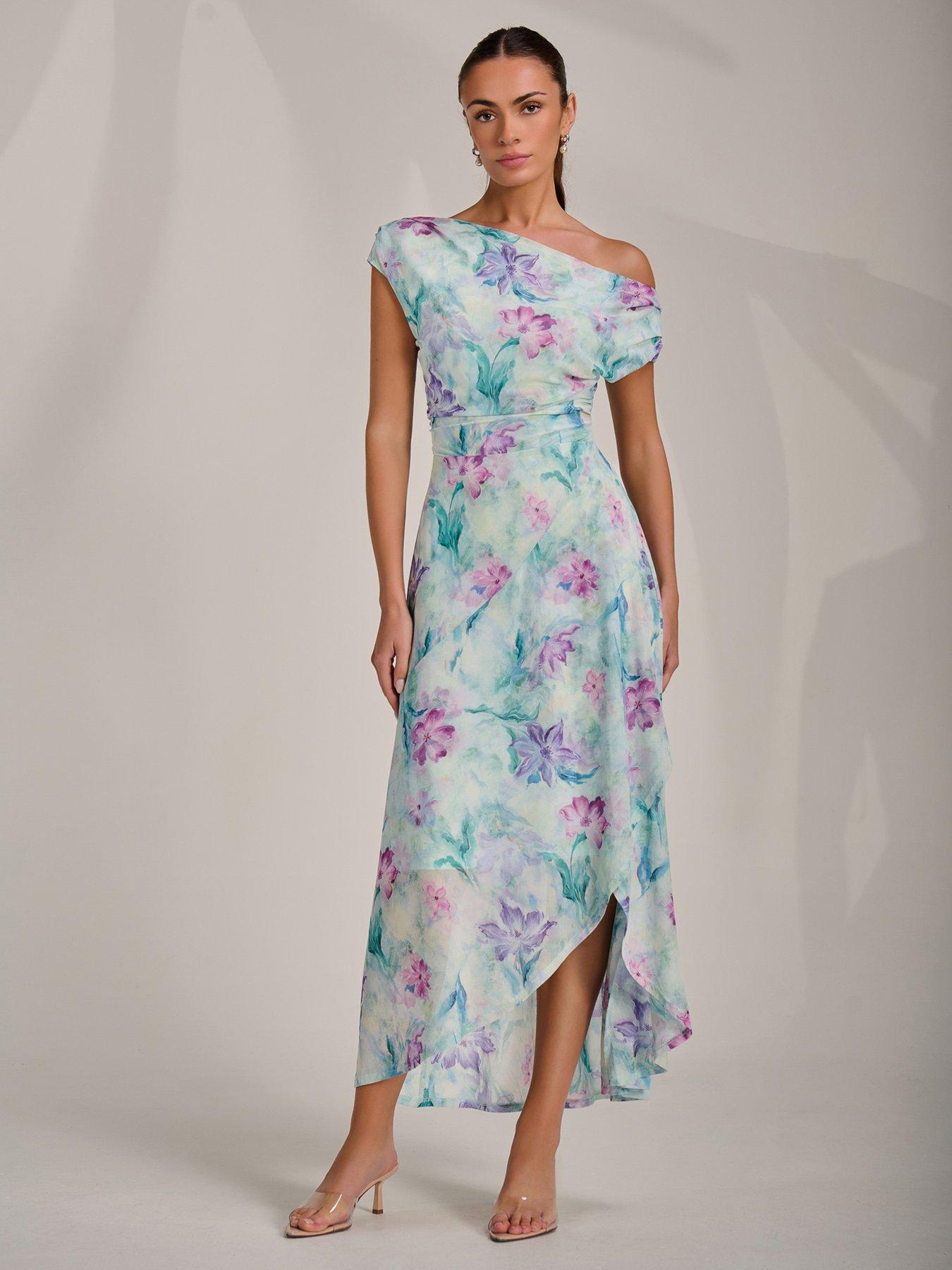 Image 7 of 7 of Jolie Moi Asymmetric Draped Mesh Maxi Dress
