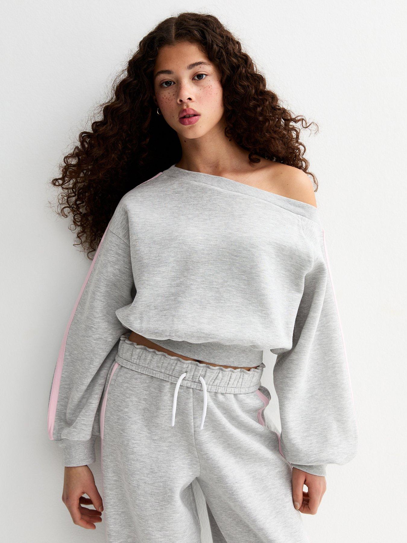 new-look-915-girls-off-the-shoulder-side-stripe-sweatshirt-grey