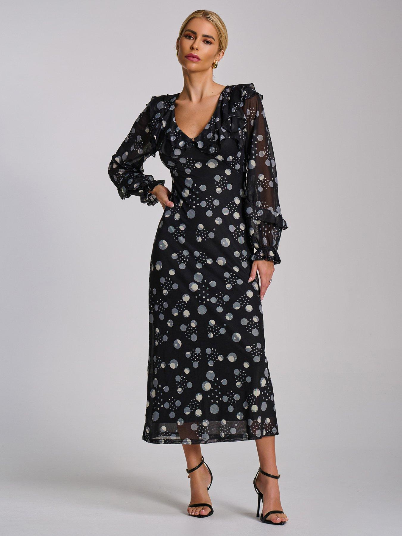 Jolie Moi Ruffle V Neck Long Sleeve Mesh Midaxi Dress