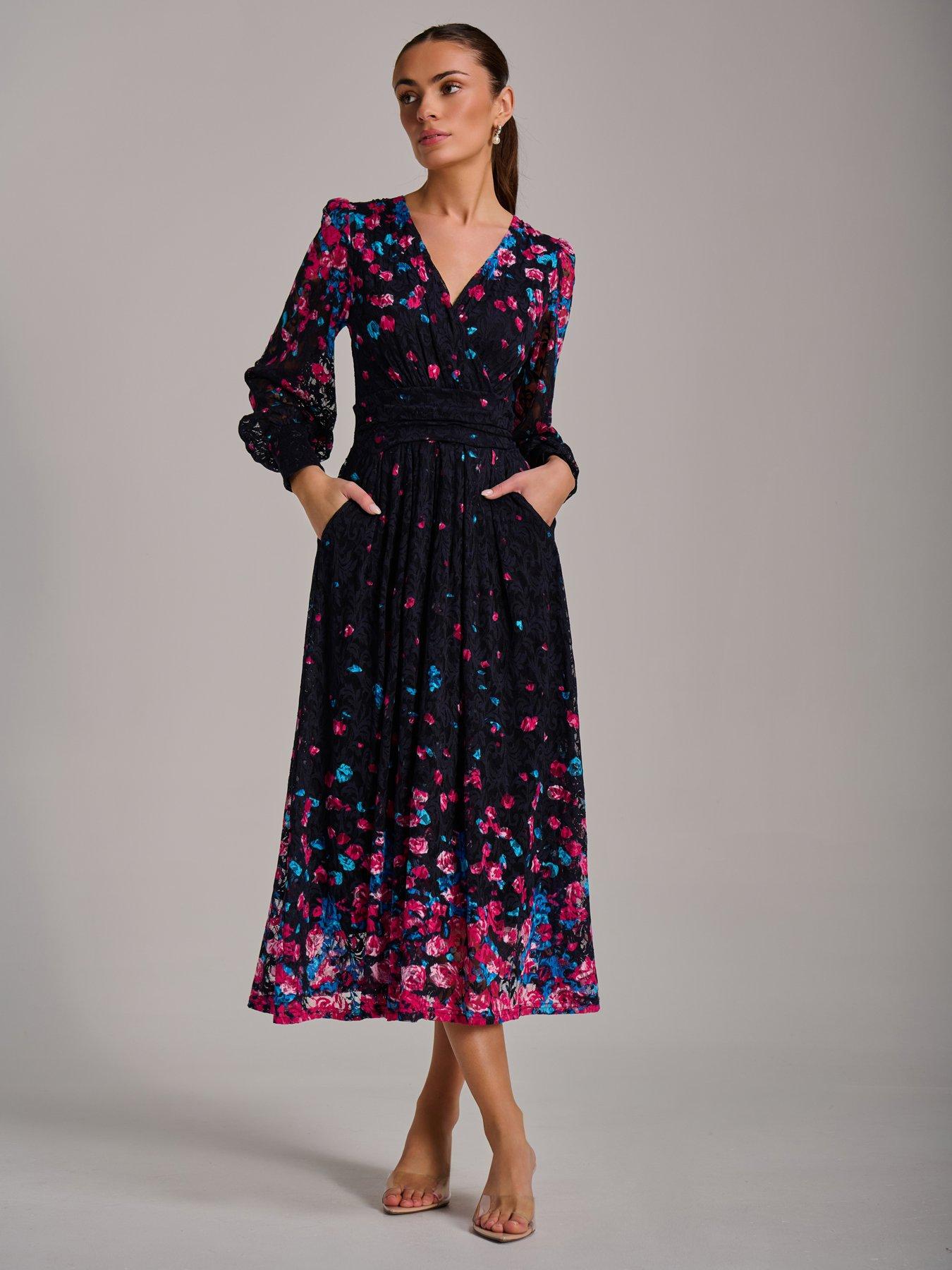 Jolie Moi Long Sleeve Print Lace Maxi Dress