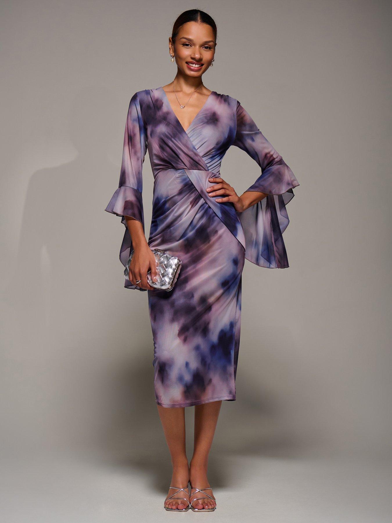 Jolie Moi Ruffle Sleeve Ruched Mesh Bodycon Dress - Purple