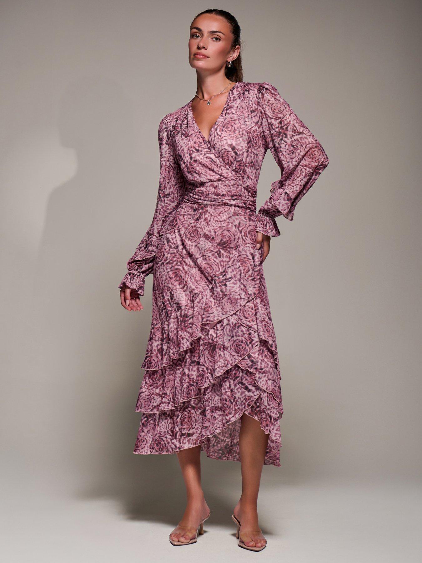 Jolie Moi Long Sleeve Frill Detail Mesh Maxi Dress