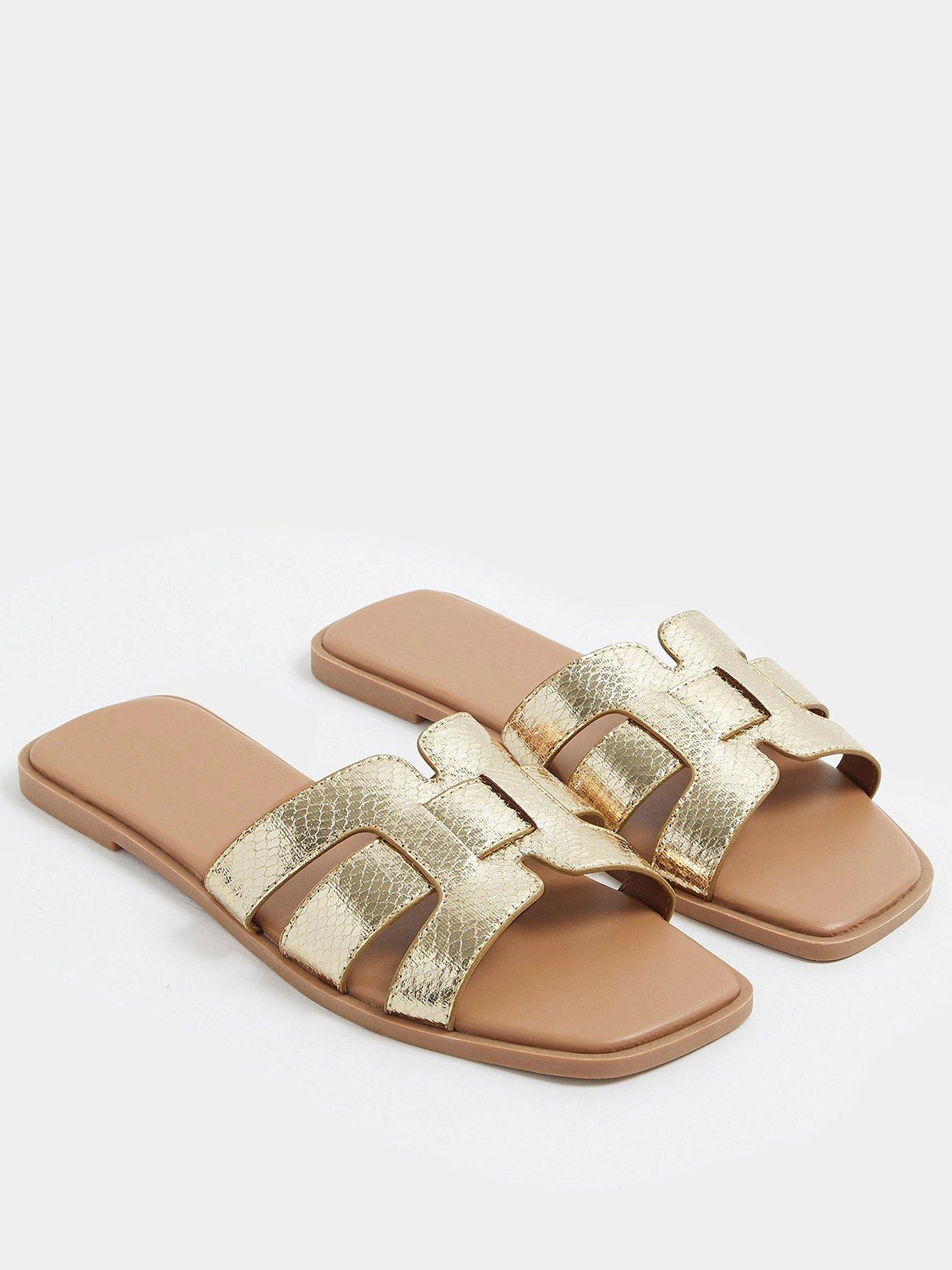 yours-wide-fit-cut-out-mule-sandals-goldstillFront
