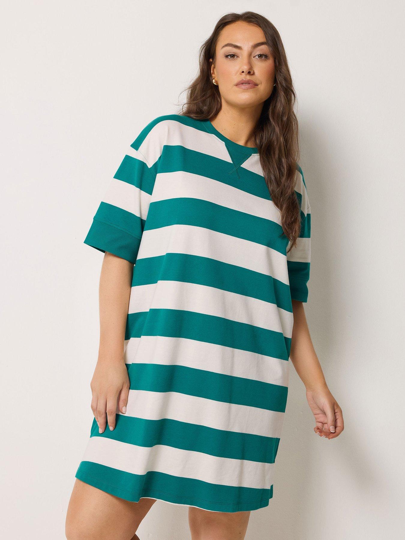 Yours Curve Stripe Print Ribbed T-Shirt Dress - Teal Blue