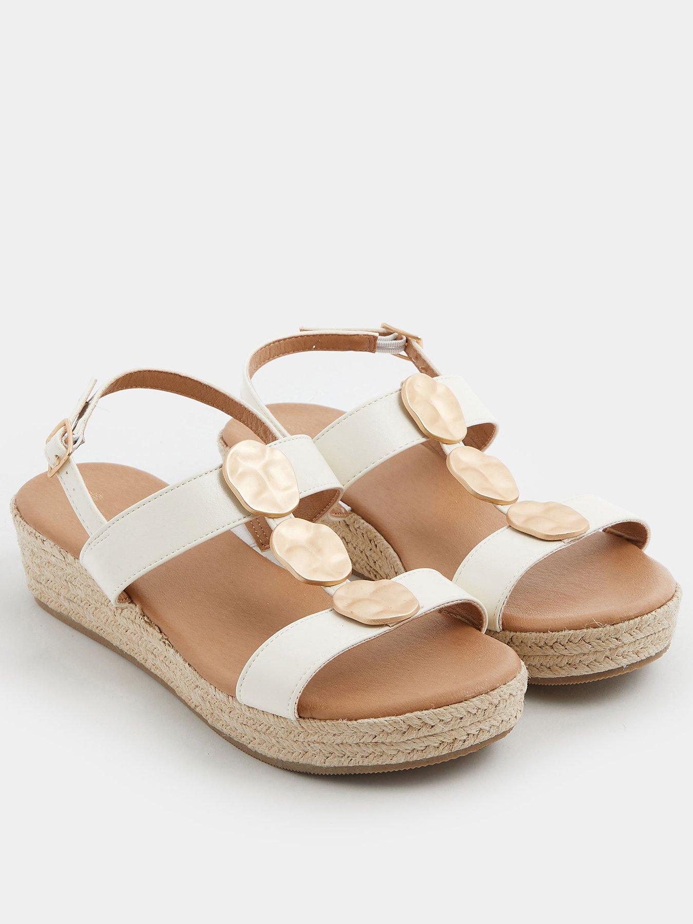 Yours Wide Fit Hammered Metal Disc Wedged Sandals - White
