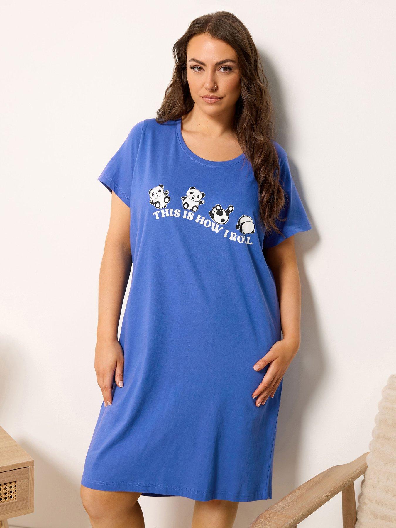 Yours Curve Rolling Panda Dipped Back Nightdress - Blue