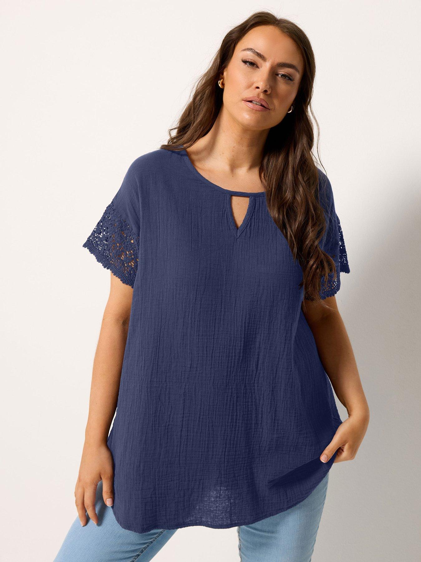 Yours Curve Cheesecloth Crochet Top - Blue
