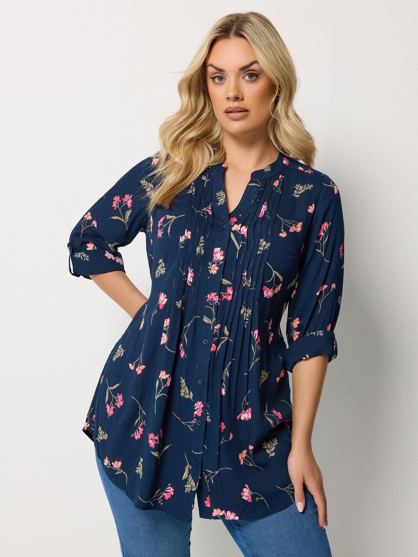 Yours Curve Floral Pintuck Blouse - Blue