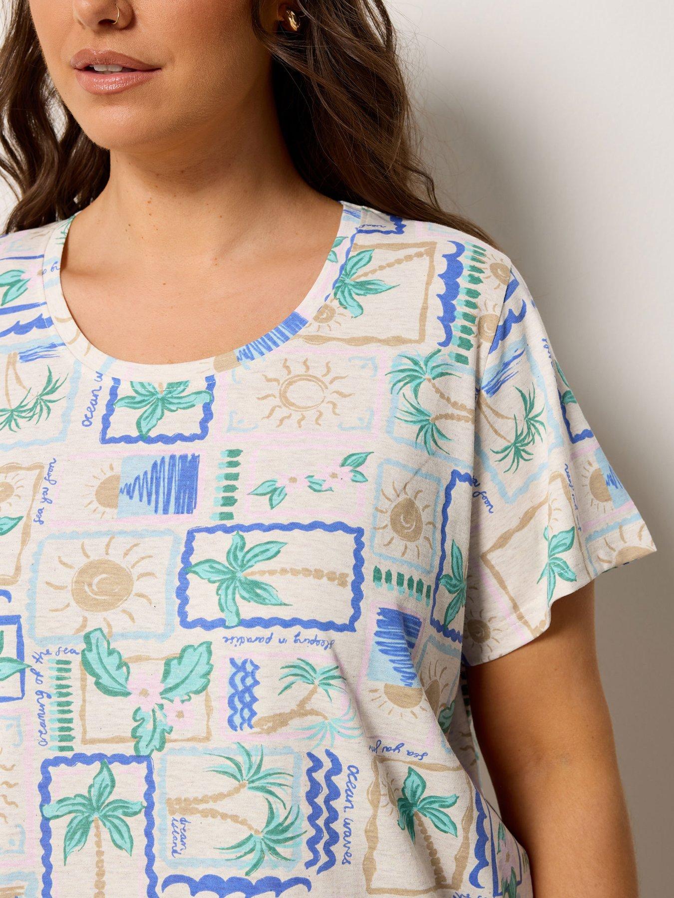 Image 4 of 5 of Yours Curve Postcard Print Dipped Back Nightdress - Cream