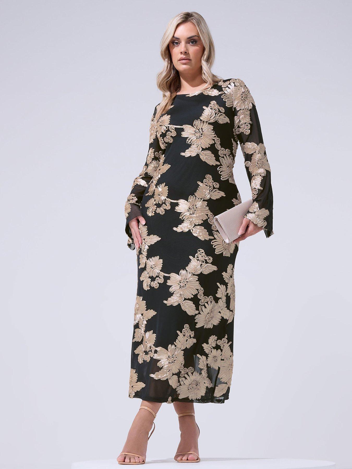 Image 1 of 5 of Yours Curve Mesh Applique Long Sleeve Maxi Dress - Black