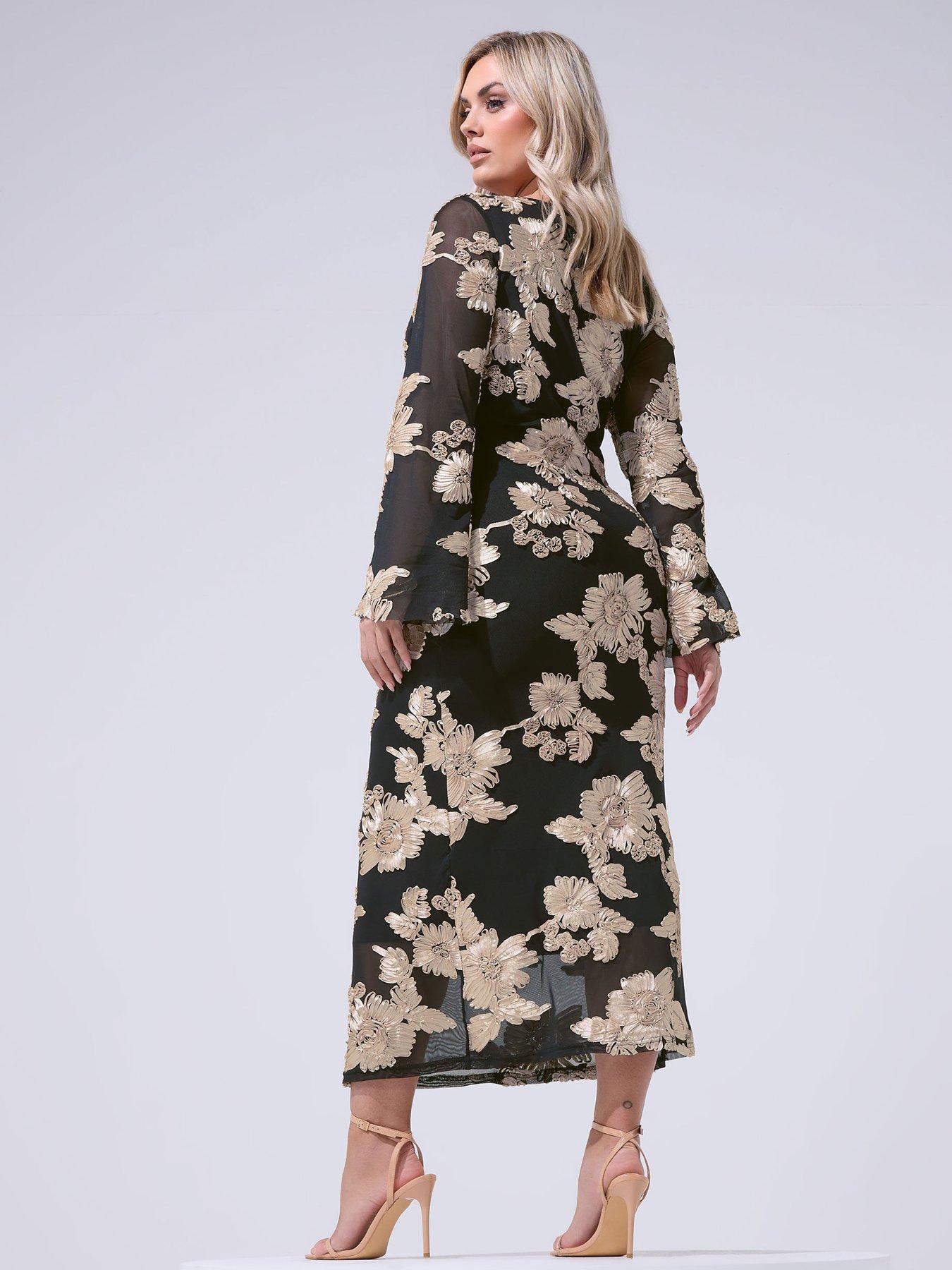 Image 2 of 5 of Yours Curve Mesh Applique Long Sleeve Maxi Dress - Black